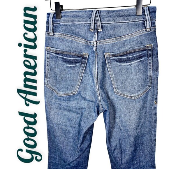 GOOD AMERICAN Good Legs Cigarette High Rise Busted Knee Distressed Jeans, Size 4 - Picture 9 of 13